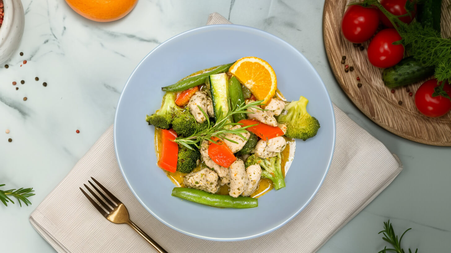 Kurczak z warzywami w pomarańczowym dipie