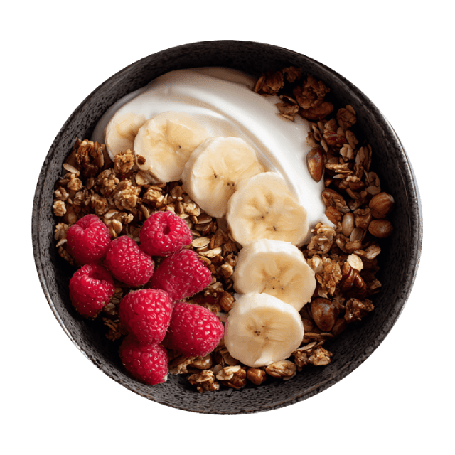 Domowa granola z bananem i malinami