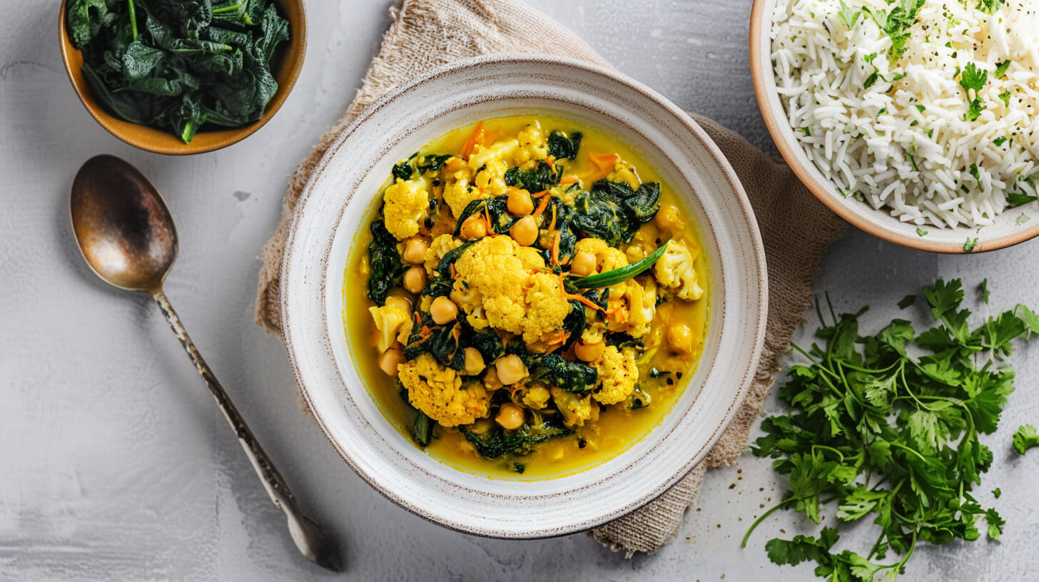 Curry ze szpinakiem, ciecierzycą i kalafiorem