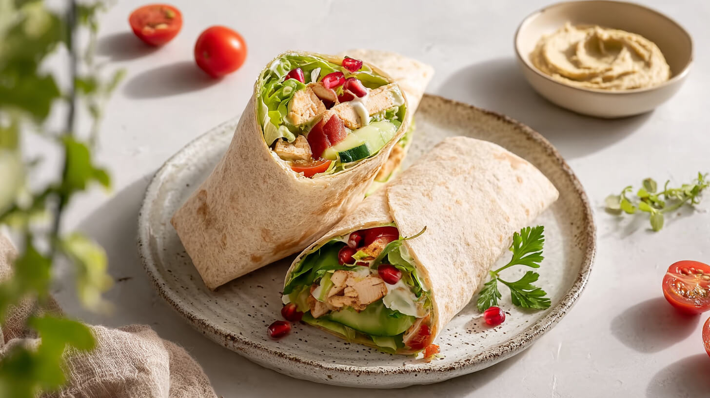 Tortille z hummusem, warzywami i kurczakiem