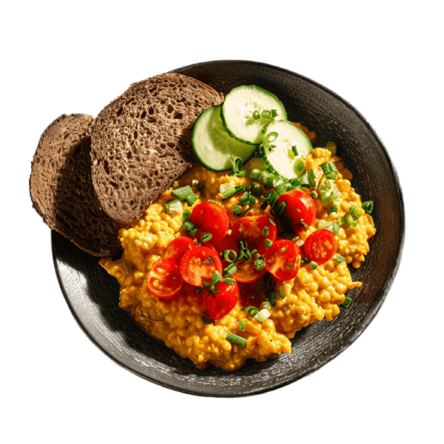 Soczewica a la jajecznica z pomidorami i pieczywem