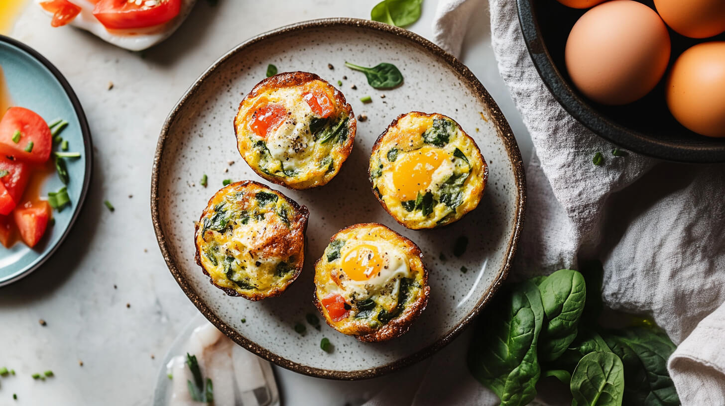 Muffiny jajeczne ze szpinakiem, papryką i szynką