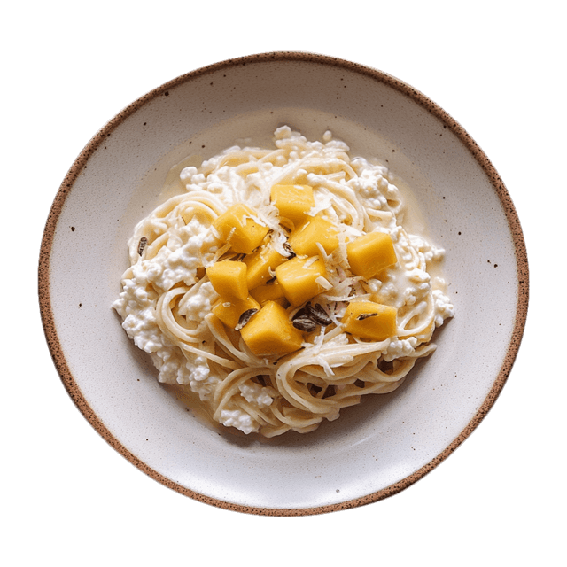 Makaron z serkiem wiejskim i mango