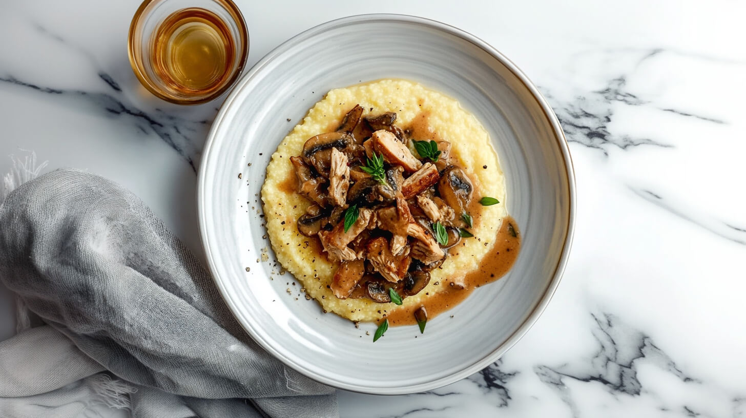 Kremowa polenta z sosem pieczarkowym i kurczakiem