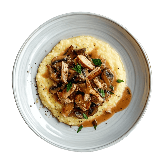 Kremowa polenta z sosem pieczarkowym i kurczakiem