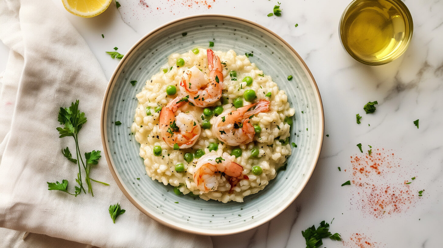 Risotto z krewetkami i zielonym groszkiem
