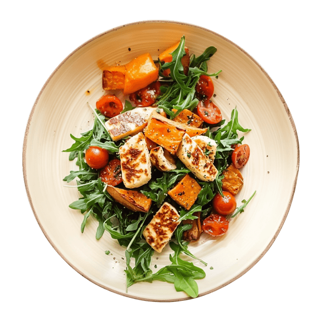 Grillowane halloumi z pieczonymi batatami i sałatką