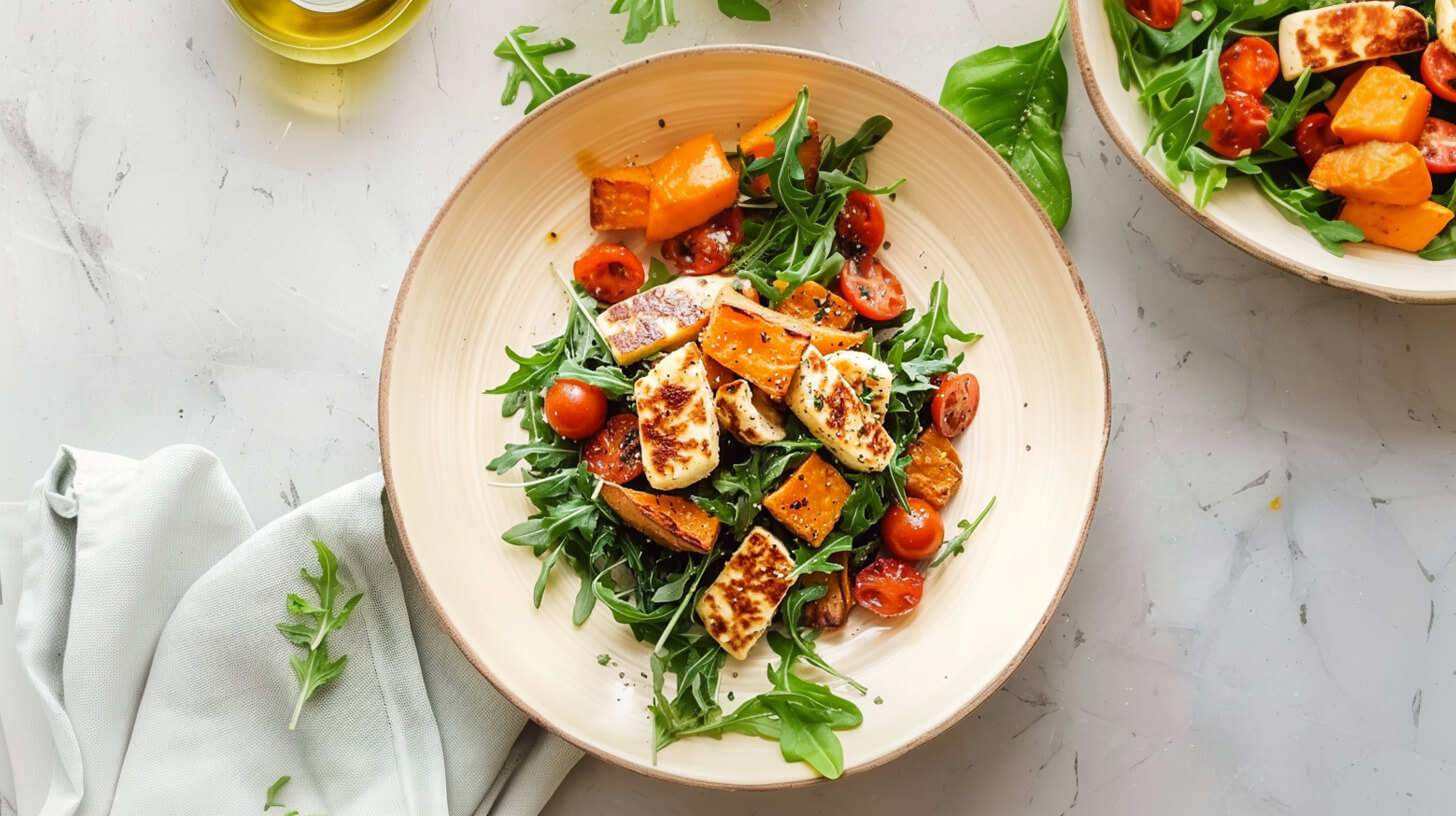 Grillowane halloumi z pieczonymi batatami i sałatką