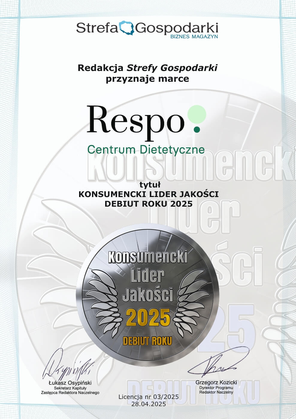 Konsumencki Lider Jakości - Debiut Roku 2025 dla Centrum Respo.