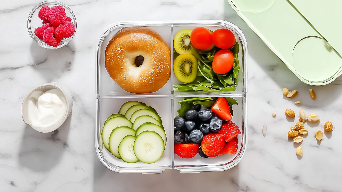 Lunchbox bajgiel z serkiem i szynką z owocami i warzywami