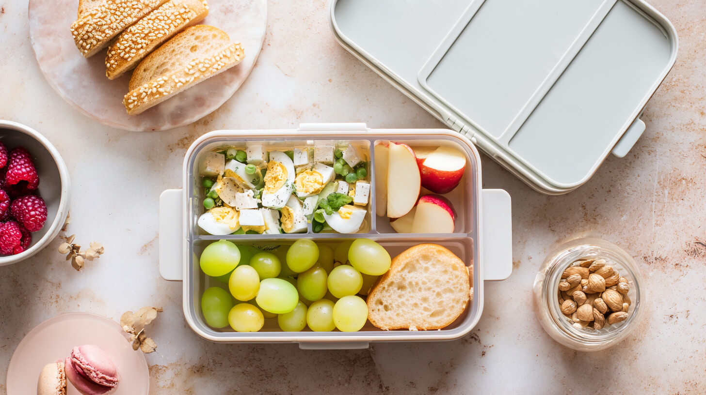 Lunchbox Sałatka z jajkiem i szynką, bułka, owoce