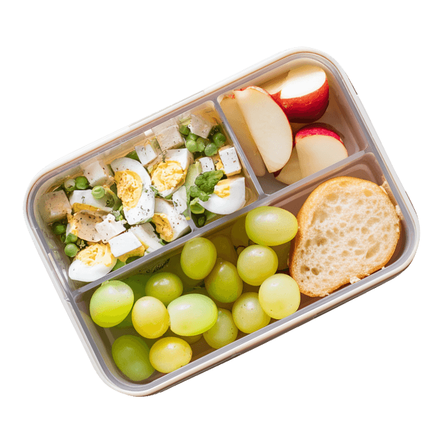 Lunchbox Sałatka z jajkiem i szynką, bułka, owoce