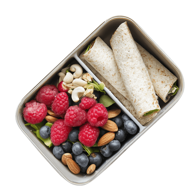 Lunchbox Tortilla z tuńczykiem, serek z owocami i orzechami