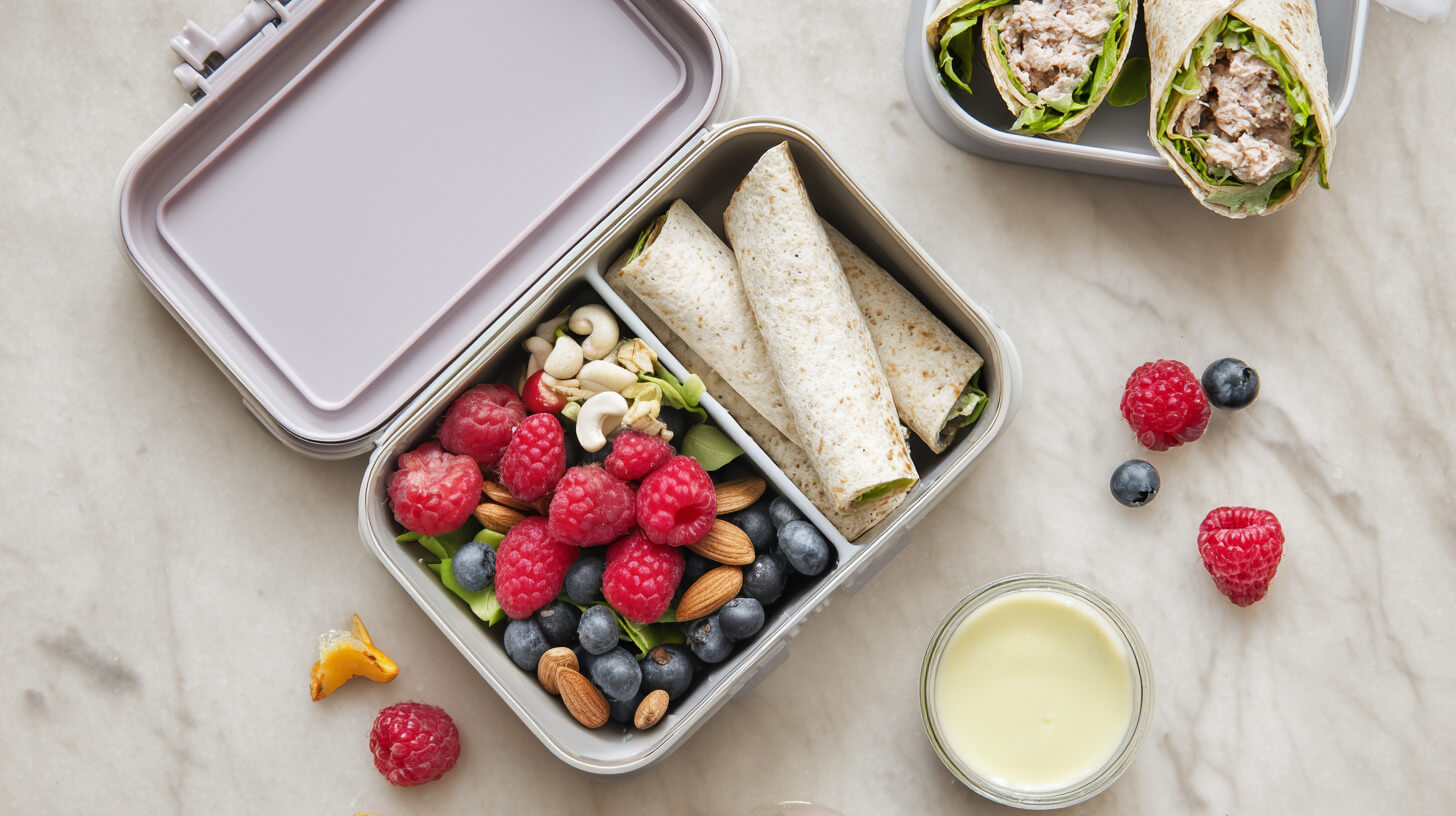 Lunchbox Tortilla z tuńczykiem, serek z owocami i orzechami