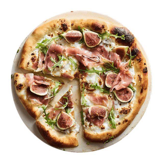 Pizza bianca z mozzarellą, figami, prosciutto i rukolą