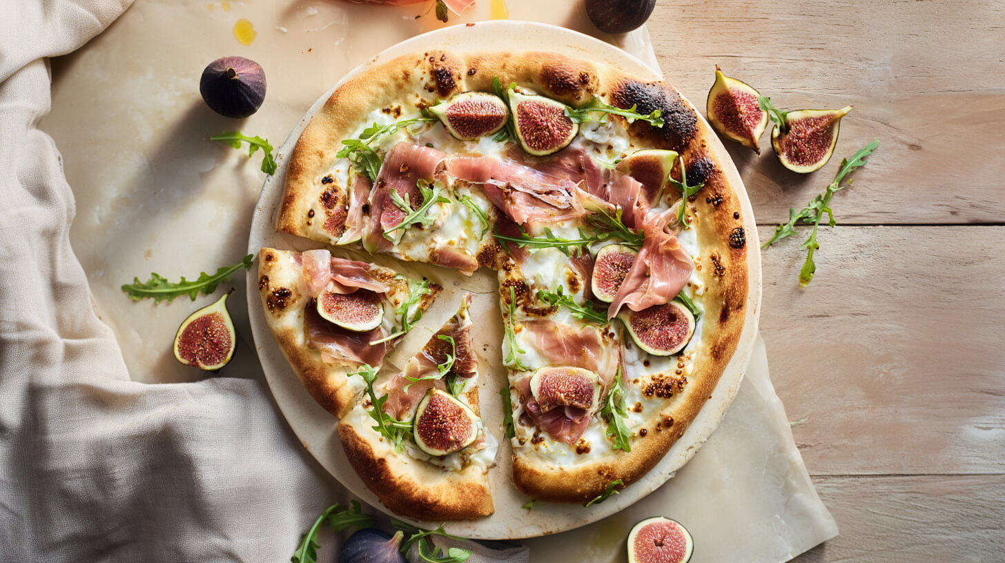 Pizza bianca z mozzarellą, figami, prosciutto i rukolą