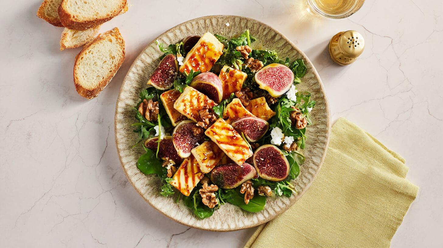 Sałatka z grillowanym halloumi, świeżymi figami i orzechami włoskimi z dressingiem balsamicznym