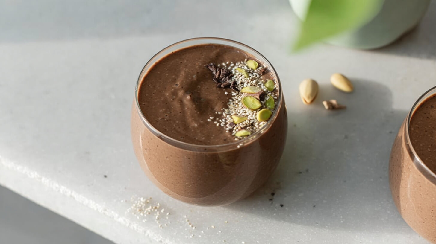 Smoothie z amarantusem, bananem, kakao, pastą pistacjową i pomarańczą