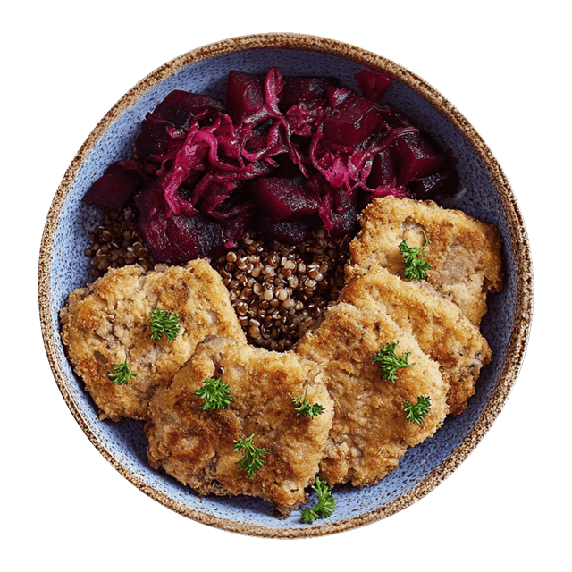 Wegańskie kotlety z tofu z kaszą gryczaną podane z buraczkami i natką pietruszki