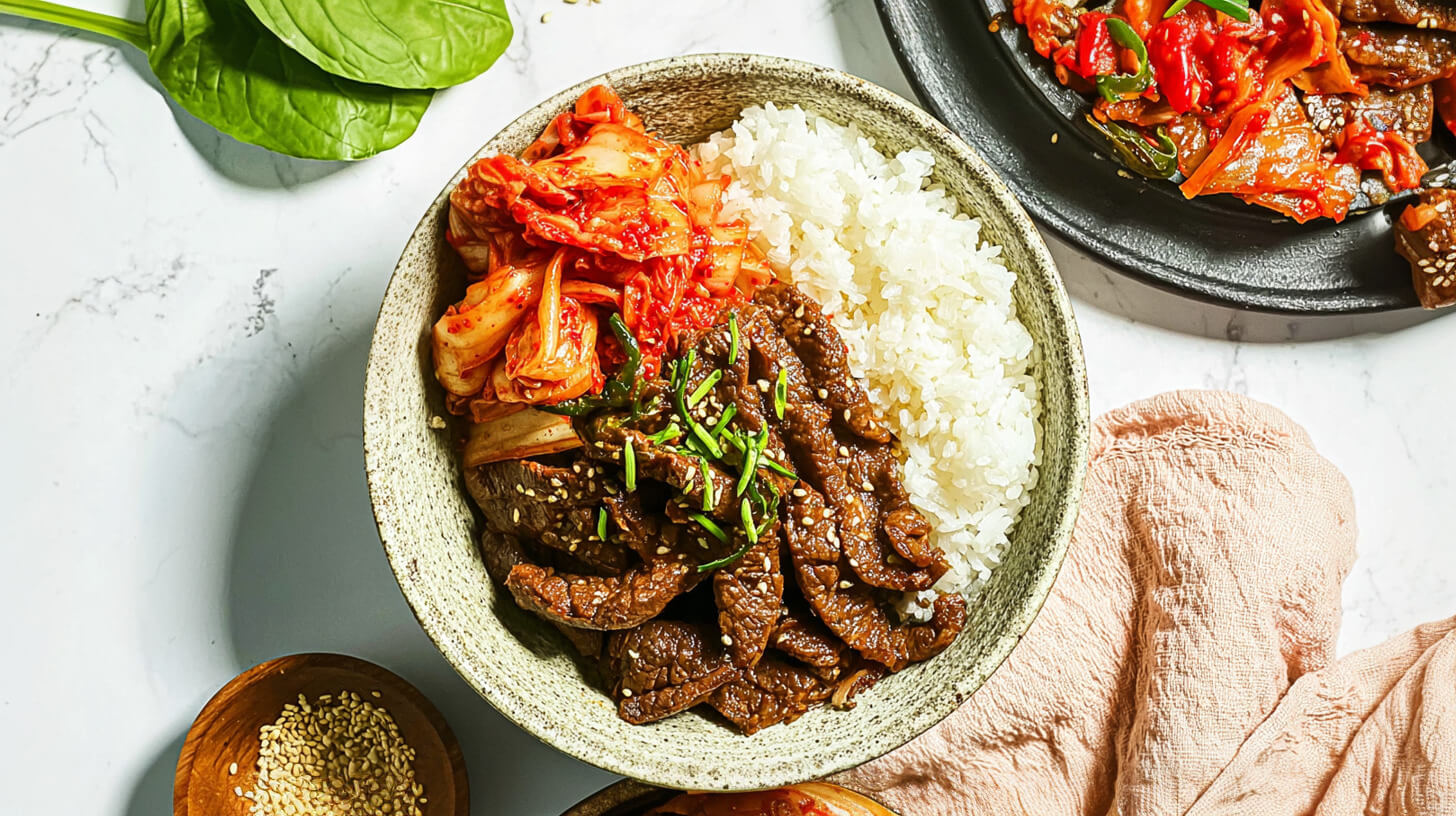 Koreańska miska mocy z wołowiną, kimchi i ryżem jaśminowym