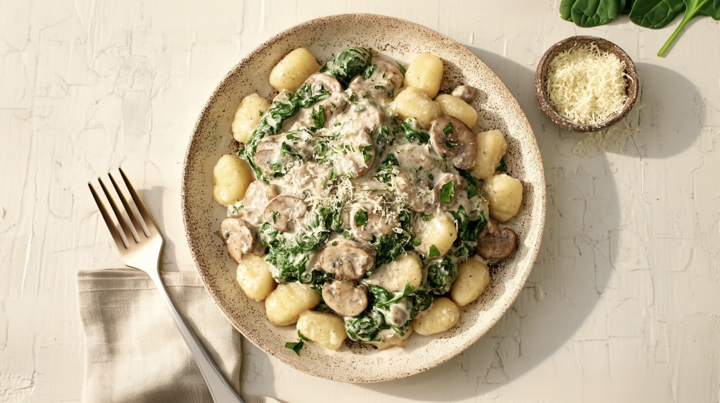Kremowe gnocchi w sosie grzybowym z parmezanem i szpinakiem