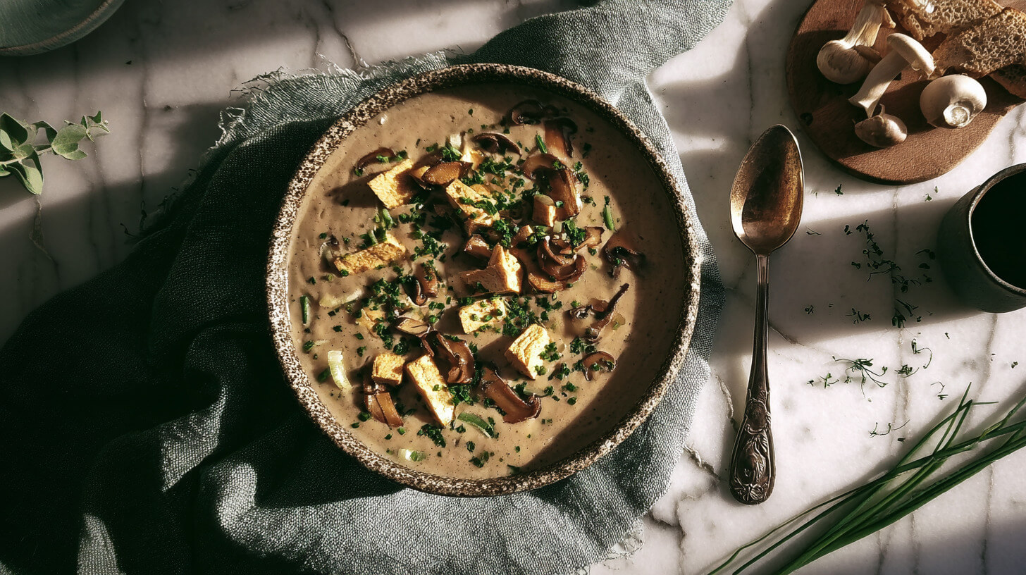 Zupa grzybowa z wędzonym tofu i kaszą