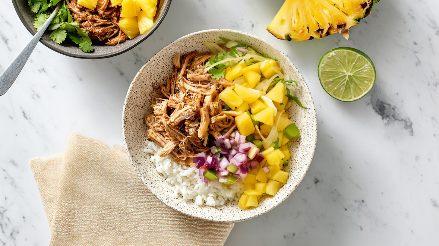 Bowl z szarpaną wieprzowiną i salsą ananasową