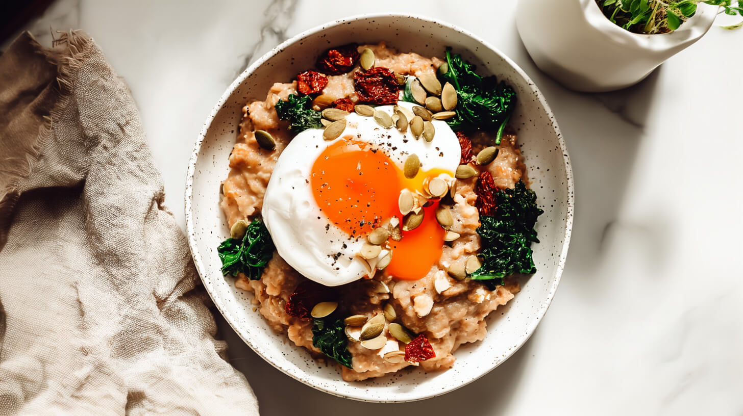 Wytrawna owsianka z jajkiem w koszulce i warzywami