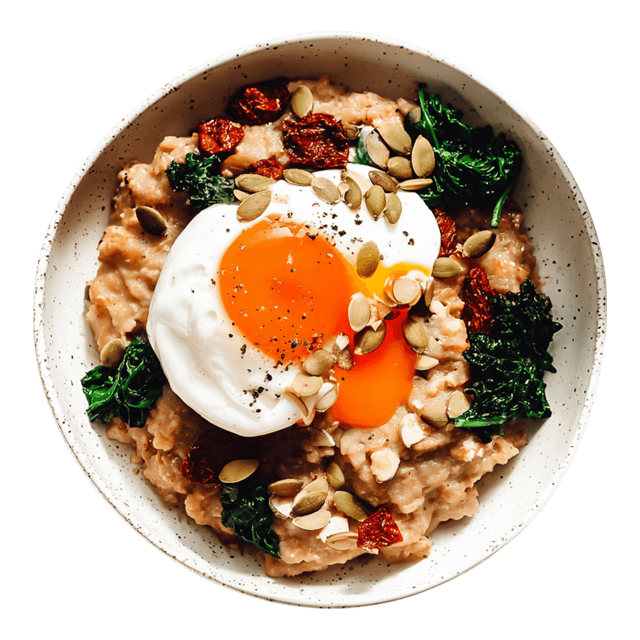 Wytrawna owsianka z jajkiem w koszulce i warzywami