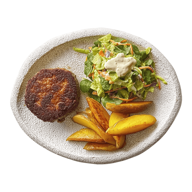 Burger z pieczonymi ziemniakami i surówką