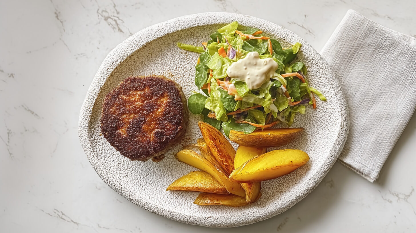 Burger z pieczonymi ziemniakami i surówką