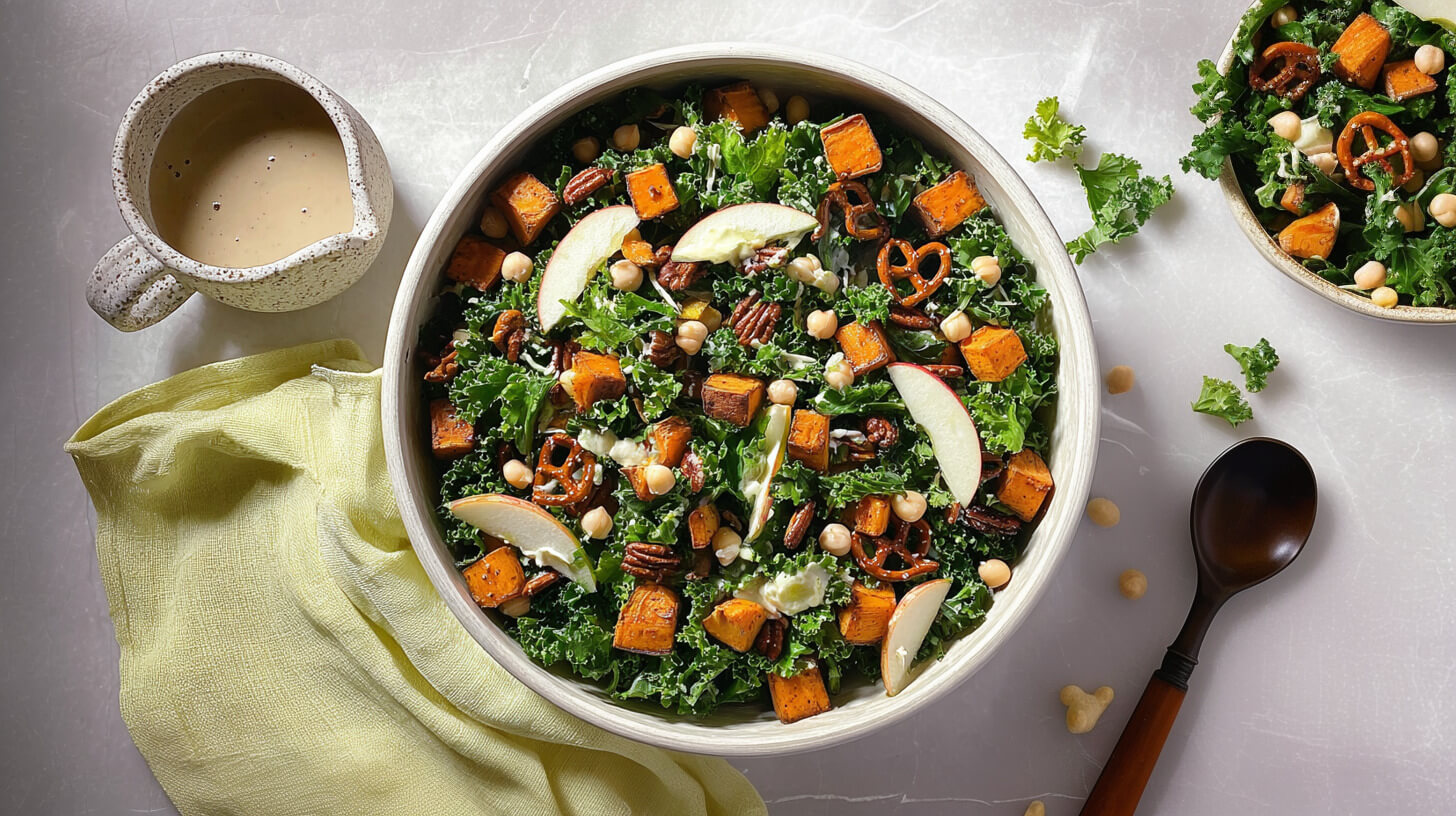 Jesienna sałatka z jarmużem, batatem, ciecierzycą i preclami