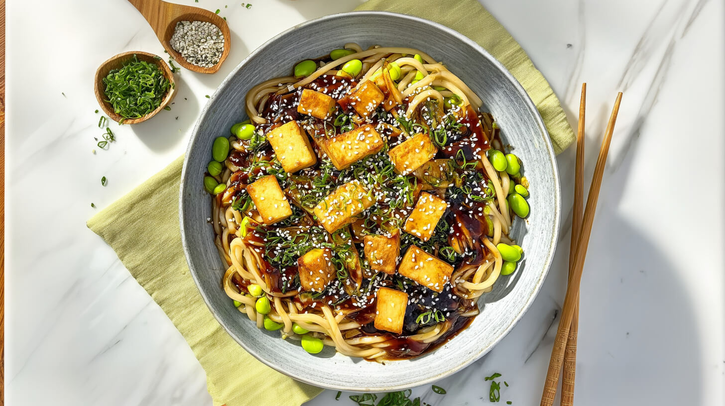 Ekspresowy udon teriyaki z tofu i edamame