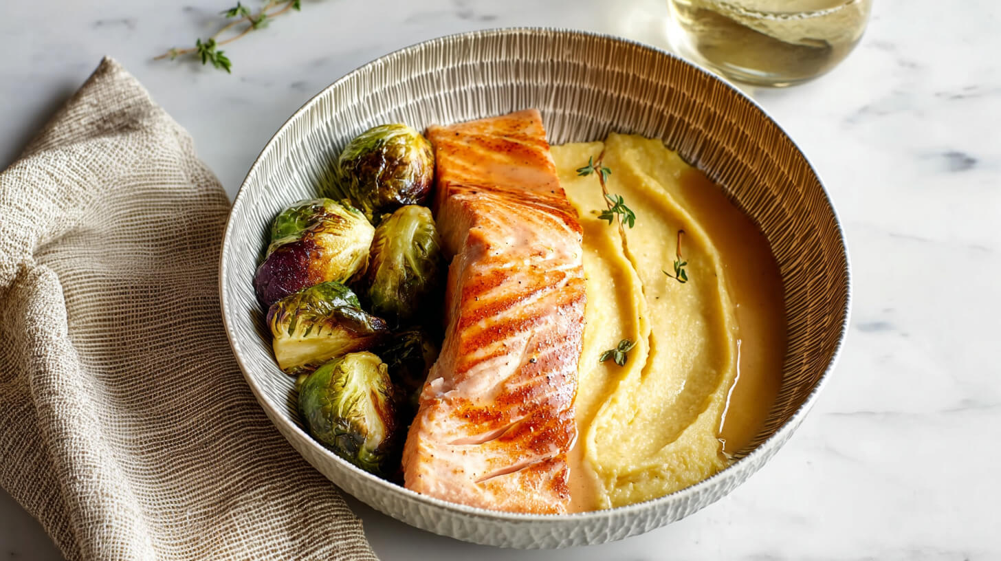 Łosoś w glazurze z syropu klonowego z miodową polentą i brukselką