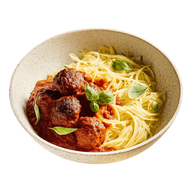 Wegetariańskie klopsiki w sosie pomidorowym z makaronem