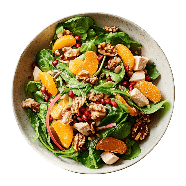 Zimowa sałatka z mandarynką, granatem, kurczakiem i orzechami włoskimi