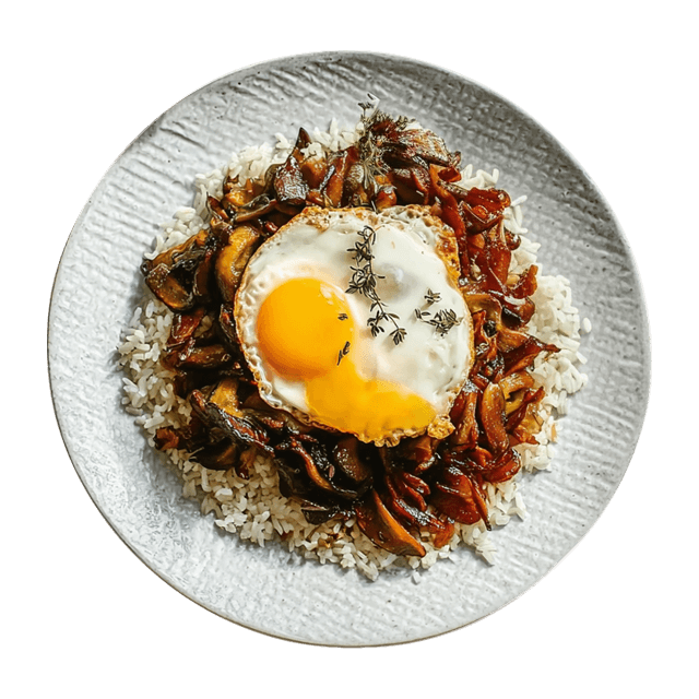 Ryż z pieczarkami duszonymi w sosie sojowym i tymianku z sadzonym jajkiem