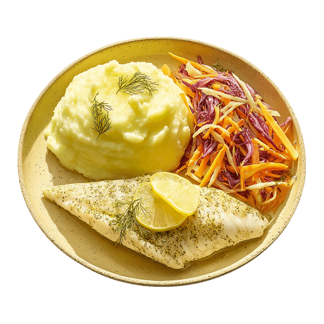 Pieczony filet z mintaja z puree ziemniaczanym i surówką