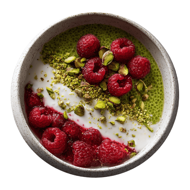Matcha chia pudding z musem malinowym