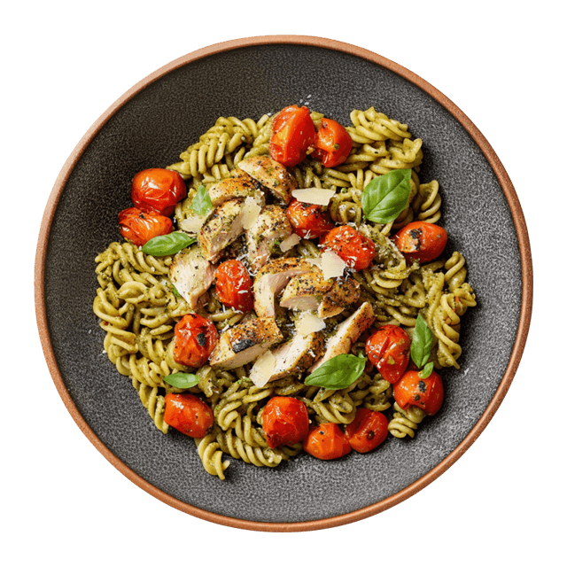 Makaron pełnoziarnisty z pesto z natki pietruszki i indykiem