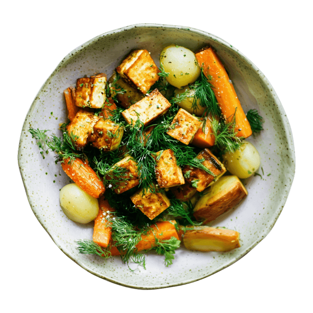 Tofu z pieczonymi warzywami korzeniowymi i młodymi ziemniaczkami