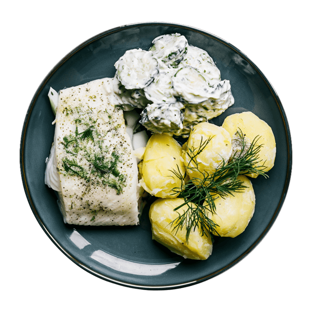 Pieczony dorsz w ziołach z młodymi ziemniaczkami i mizerią